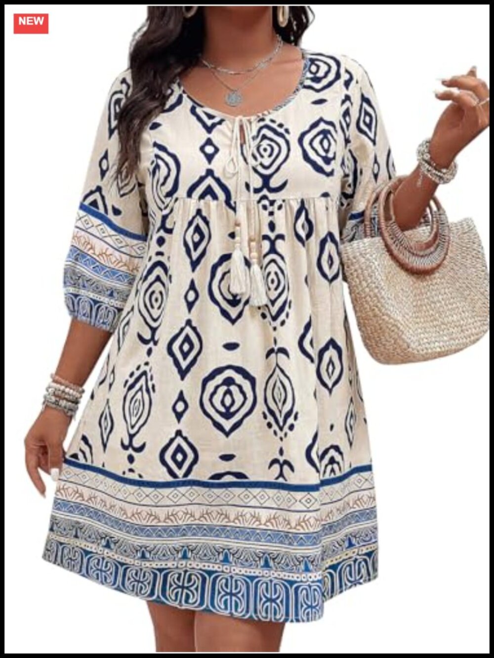 Plus Size Summer Dress 3/4 Sleeve V Neck Floral Print Loose Beach Cover Up